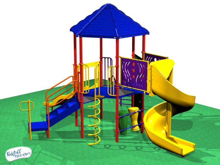 This dynamic playset has a spiral slide, a coil climber, and climbing wall!