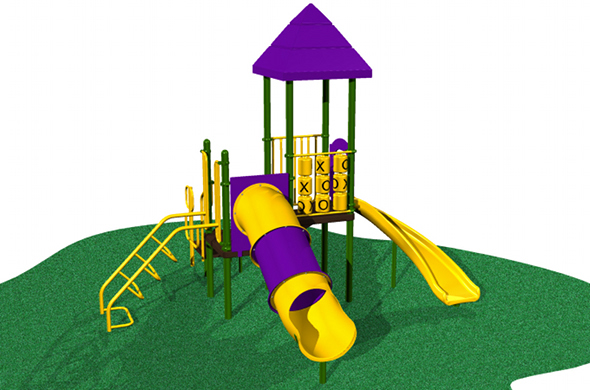 This playground has an arch climber, a turn slide, and more and accommodates 14 children!