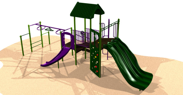 A medium sized playground system with a climbing wall and triple slides