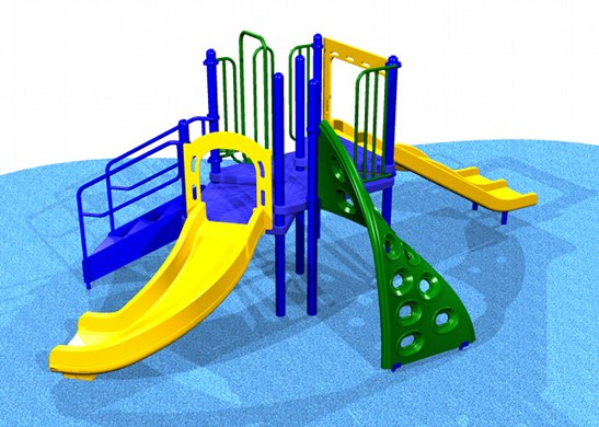 Blue, yellow, and green outdoor school playground with slides