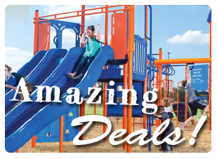 Young kids playing on an orange and blue playground