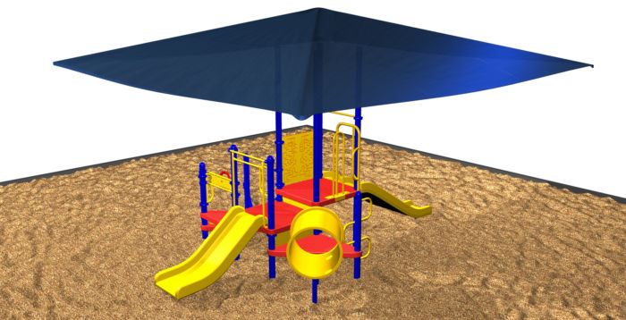 Small Playground system with various play activities with built-in sun shade