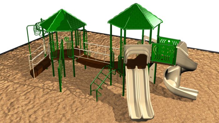 A medium playground system with challenging events and 2 shaded canopies