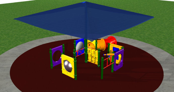 Ground Playground system with shaded play activities for kids