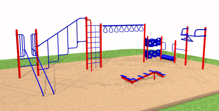 A small playground system with a climbing wall