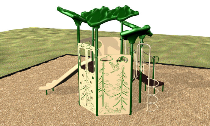 Our Forest Retreat Playset has a double slide and leaf shades.