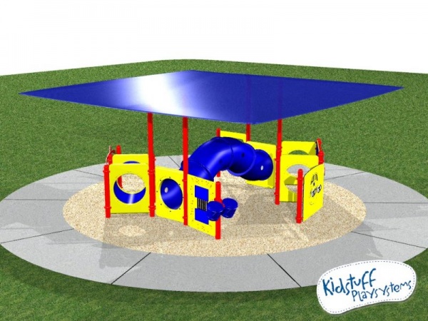 Shaded ground-based playground system with various activities for kids