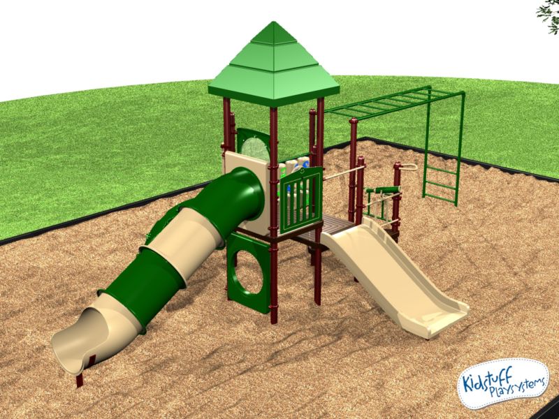 green and tan playground for kids with slide