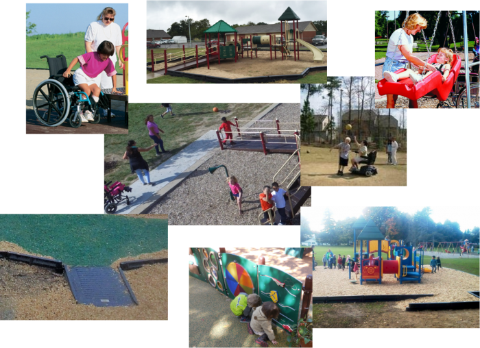 Children with disabilities playing on accessible playsystems